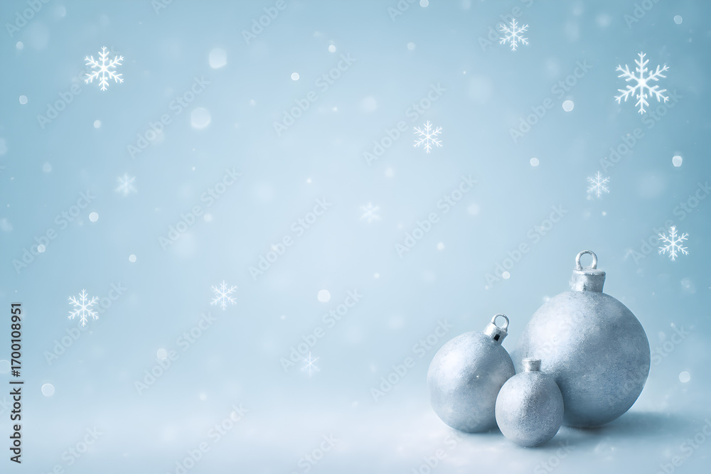 Fototapeta premium Three christmas ornaments and snowflakes on a light blue background with a wintery holiday theme, christmas