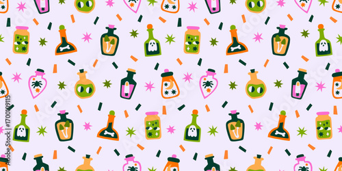 Wallpaper Mural Cute Halloween vector seamless pattern. Fall wrapping paper design with magic potion bottles Torontodigital.ca