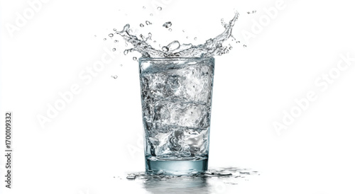 Refreshing clear water in a glass with ice cubes creating a dynamic splash on white background
