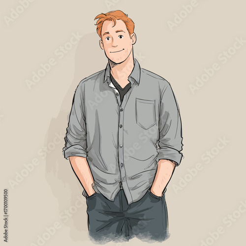 A young man stands in a relaxed posture with hands in pockets, wearing a button-up shirt and dark pants. His casual style adds to his approachable demeanor.