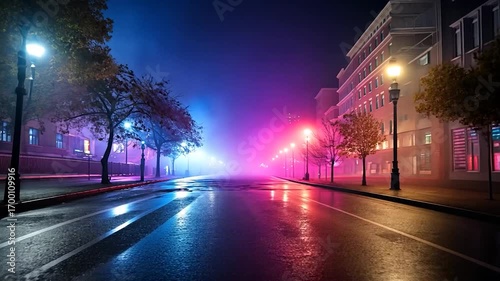 Vibrant neon haze envelops an empty street at midnight under colorful streetlights