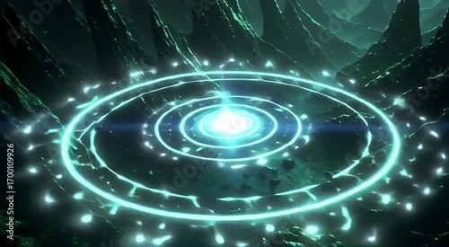 Mystical glowing portal opens in a dark, rocky cavern with shimmering energy