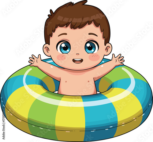 Adorable cartoon baby boy in float ring, summer pool fun, cute toddler swimming, cheerful child illustration, water playtime joy