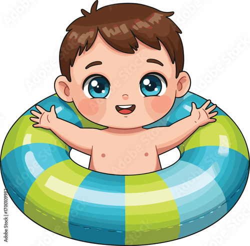 Adorable cartoon baby boy in float ring, summer pool fun, cute toddler swimming, cheerful child illustration, water playtime joy
