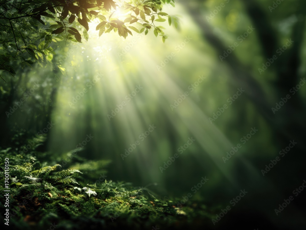 Fototapeta premium Sunlight rays shining through green forest trees, magical morning woodland nature scene