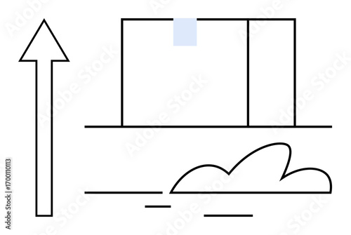 Arrow pointing upward beside a box and a flowing cloud line signifies growth, progress, logistics, and forward motion. Ideal for success, shipment, ambition, expansion strategy innovation. Simple