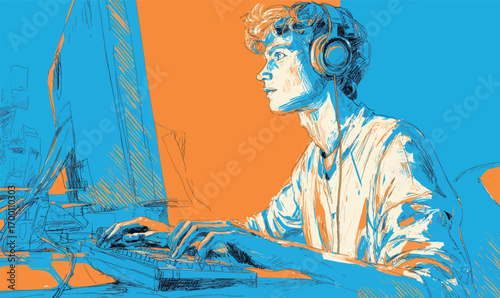 A young male gamer intensely plays a computer game, wearing headphones and concentrating on the screen in a vibrant blue and orange environment.