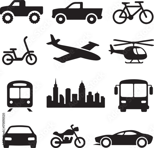 Black silhouettes of diverse vehicles and city skyline on white background Keywords: car, truck