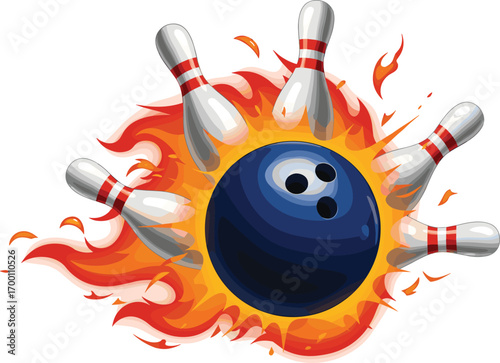 Blue bowling ball striking pins with fire, explosive sports illustration, bowling action, competitive game, lane strike, dynamic vector design