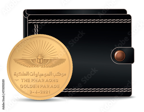 Egyptian money with a wallet in the background. 50 Piastres the Pharaohs Golden Parade, Egypt. A 50 piastres coin next to the wallet.