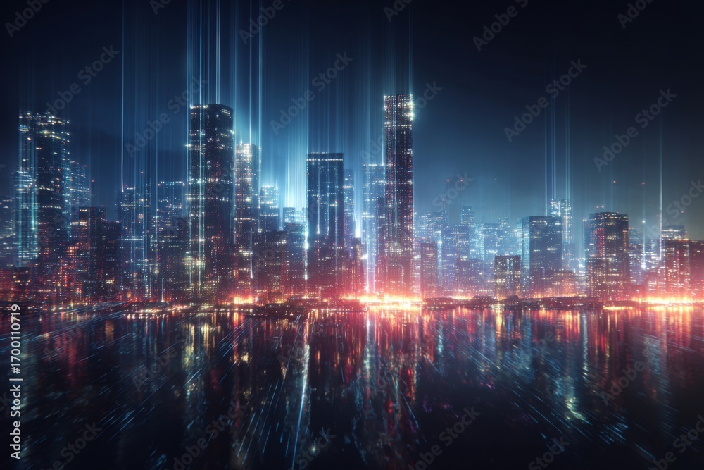 Obraz premium Vibrant city skyline glows at night with towering buildings emitting colorful lights. The reflection on the water enhances the captivating atmosphere, creating a futuristic landscape