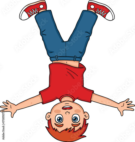 Cartoon boy doing handstand, upside down child, playful gymnastics move, active redhead kid, fun indoor activity, energetic young boy