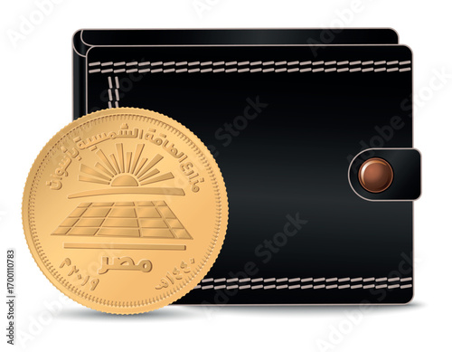 Egyptian money with a wallet in the background. 50 piastres 2019 Benban Solar Park. A 50 piastres coin next to the wallet. Vector illustration.