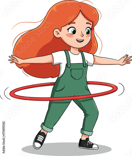 Cute cartoon girl playing with hula hoop, outdoor activity, active child character, fun exercise, happy kid enjoying movement