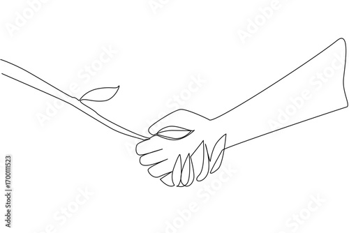 Single line draw of a hand handshake a plant, nature World Environment Day, nature close friend. Reflecting sustainability, conservation, and global responsibility for protecting natural resources