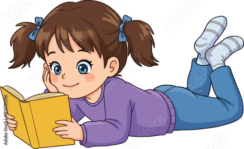Cute little girl reading book on floor, cartoon illustration of happy child with brown hair, kids education, learning, imagination, fun