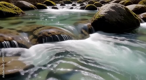 Crystal clear water flows over smooth mossy rocks in a serene mountain stream.