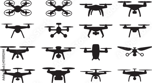 Drone Armada Silhouettes Collection of Various Drone Designs on Transparent Backdrop