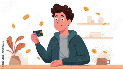 A young man sits comfortably at a table, holding a credit card while smiling. Coins float around him, adding to the cheerful atmosphere of the indoor space filled with plants.