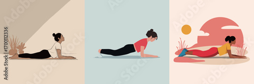 Three women practice yoga in different poses, highlighting their flexibility and strength. A peaceful atmosphere is enhanced by the warm glow of the sunset.