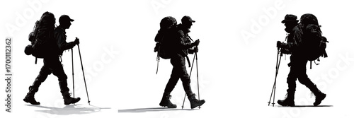 Three silhouettes of hikers walking confidently with heavy backpacks and trekking poles against a bright background. Their focused strides suggest an outdoor adventure.