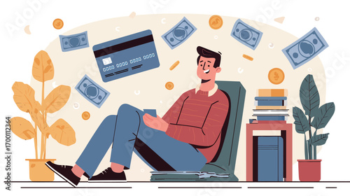 A young man sits comfortably in a chair, smiling as he relaxes surrounded by floating money and credit cards. He enjoys a moment of leisure in a cozy space.