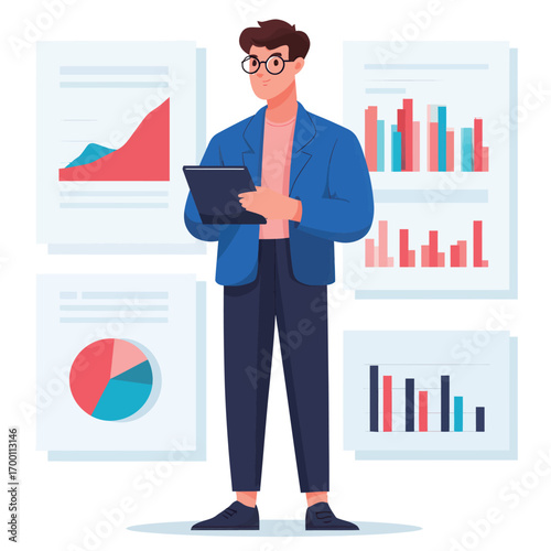 A focused individual stands in an office surrounded by various data charts displaying trends. They hold a tablet and analyze the information closely.
