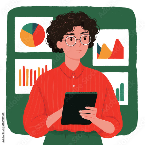 A young professional in a red striped shirt studies data on a tablet. Behind them, colorful charts display analytics, showcasing their analytical skills in a vibrant workspace.