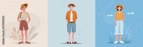 Three youthful characters are dressed in summer attire.