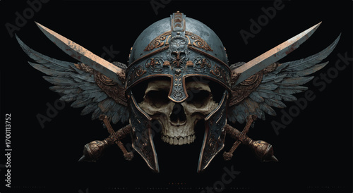 Skull warrior wearing helmet with wings and crossed swords against dark background representing death and bravery