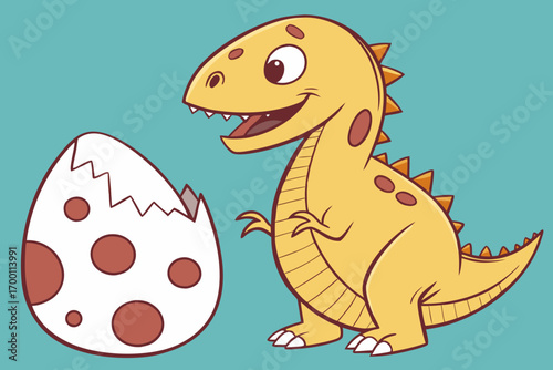 Cute yellow dinosaur next to a cracked egg illustration