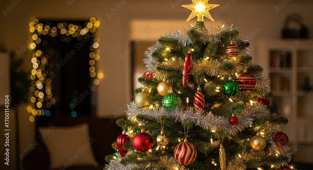 Fototapeta premium Beautifully Decorated Christmas Tree with Lights and Ornaments in Cozy Living Room