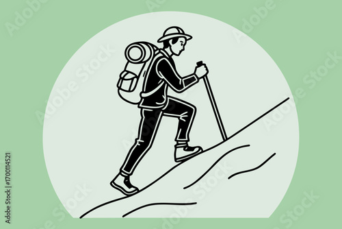 Hiker ascends steep mountain trail with backpack and trekking poles