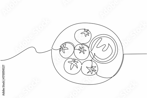 Continuous line drawing of a spoon in tomato sauce surrounded by fresh tomatoes, reflecting culinary and nutrition with food concept for World Tomato Day celebration.