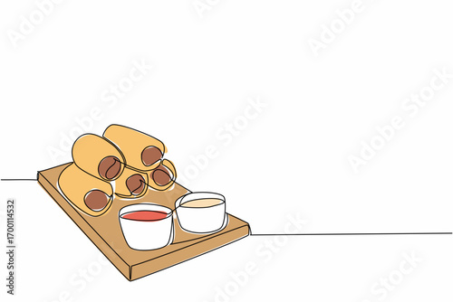 A continuous line drawing of sausage rolls with dip on a plate, designed as a food concept for National Sausage Roll Day, representing delicious snacks in a minimalist and modern illustration style.