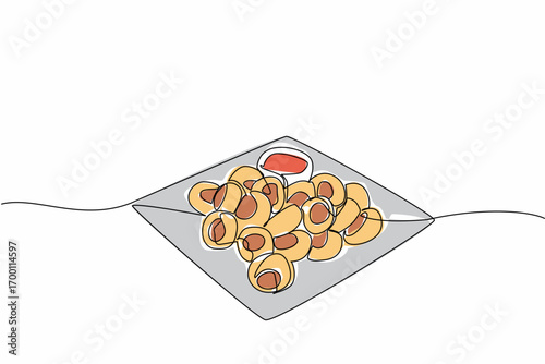 Short Description: Continuous line drawing of sausage rolls served on a plate with dipping sauce, capturing the savory delight of National Sausage Roll Day in a minimalist food concept style.