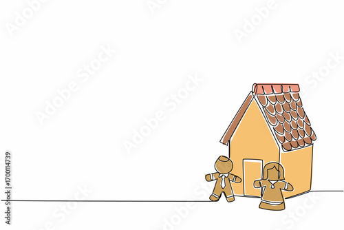 A charming continuous line drawing of a gingerbread house with male and female gingerbread cookies beside it, created for National Gingerbread Day as a festive food concept holiday illustration.