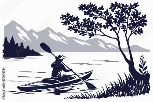 Silhouette of a person kayaking on a lake with mountains and trees