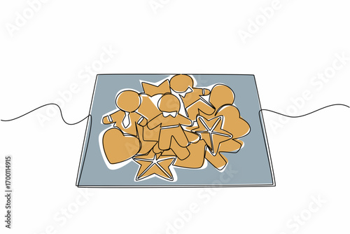 A festive single line drawing of assorted gingerbread cookies shaped as hearts, stars, and people on a plate, created for National Gingerbread Day with a food concept illustration design.