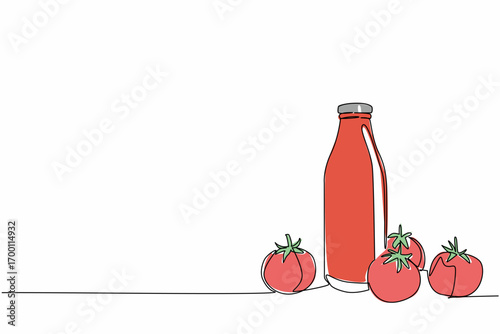 A continuous line drawing food concept honoring National Ketchup Day, showing a tomato ketchup bottle with fresh ripe tomatoes, highlighting tradition, freshness, taste, and celebration.