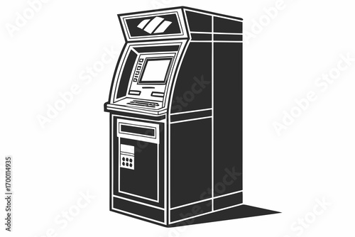 Black and white illustration of a modern atm machine