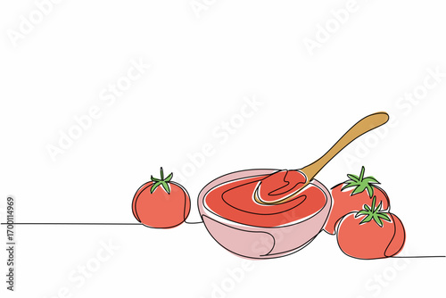 Continuous line drawing food concept for National Ketchup Day featuring a bowl of rich tomato ketchup with a wooden spoon and fresh ripe tomatoes, celebrating taste, freshness, and joy.