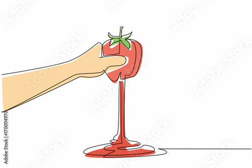A continuous line drawing food concept showing National Ketchup Day with a hand squeezing a tomato flowing into ketchup, symbolizing transformation, flavor, freshness, and culinary tradition.