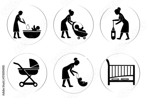 Icons representing mother and baby care activities