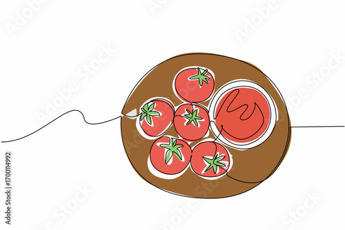 A continuous line drawing food concept for National Ketchup Day featuring fresh red tomatoes on a wooden plate with ketchup dip, symbolizing flavor, tradition, and celebration
