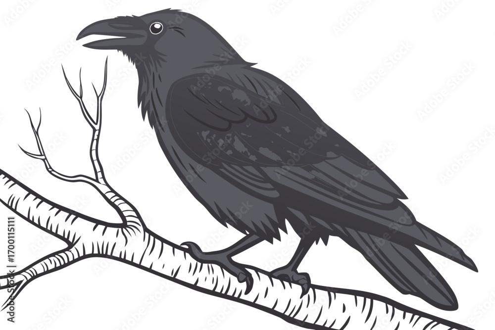 Fototapeta premium A detailed illustration of a raven perched on a bare tree branch