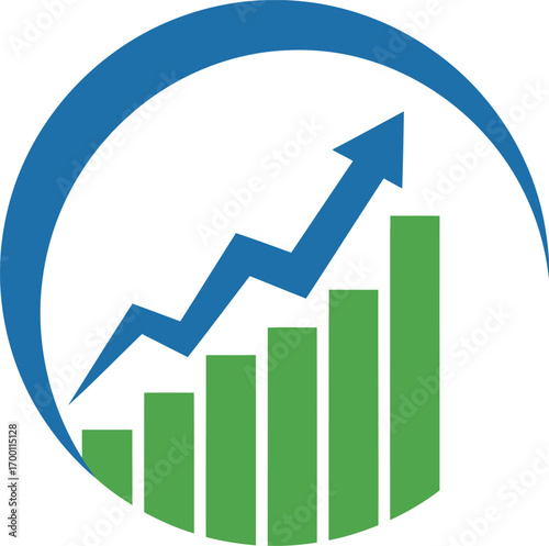 Ascending arrow and rising bars symbolize financial growth in a clean, modern business context