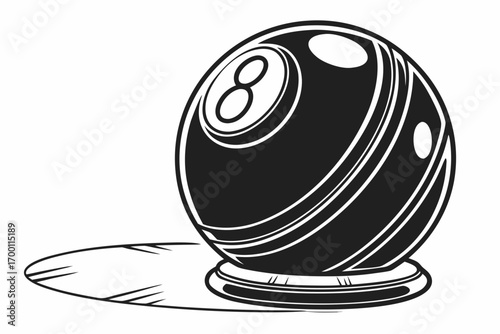 Stylized black and white eight ball on a stand