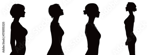 Four silhouettes display various female body shapes and poses, emphasizing diversity in appearance and form. The design presents a minimalist aesthetic with clean lines.