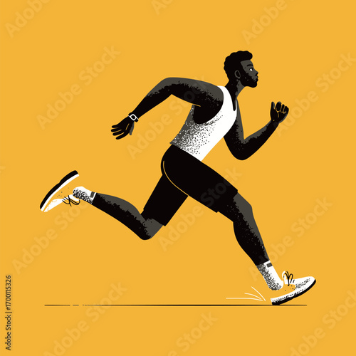A man in athletic wear is energetically running, showcasing determination and movement, with a bright yellow backdrop highlighting his speed and focus.